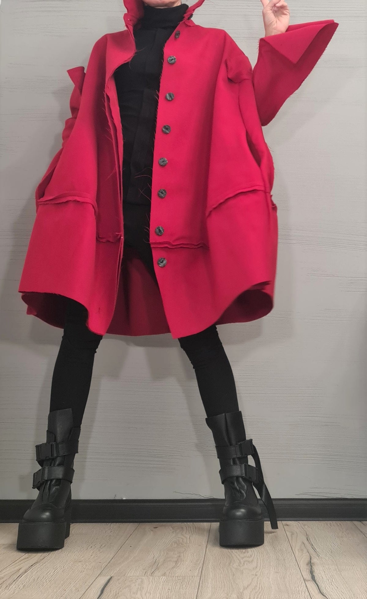 Red Wool Oversized Coat, Knee Length Plus Size Jacket, Deconstructed Sleeves