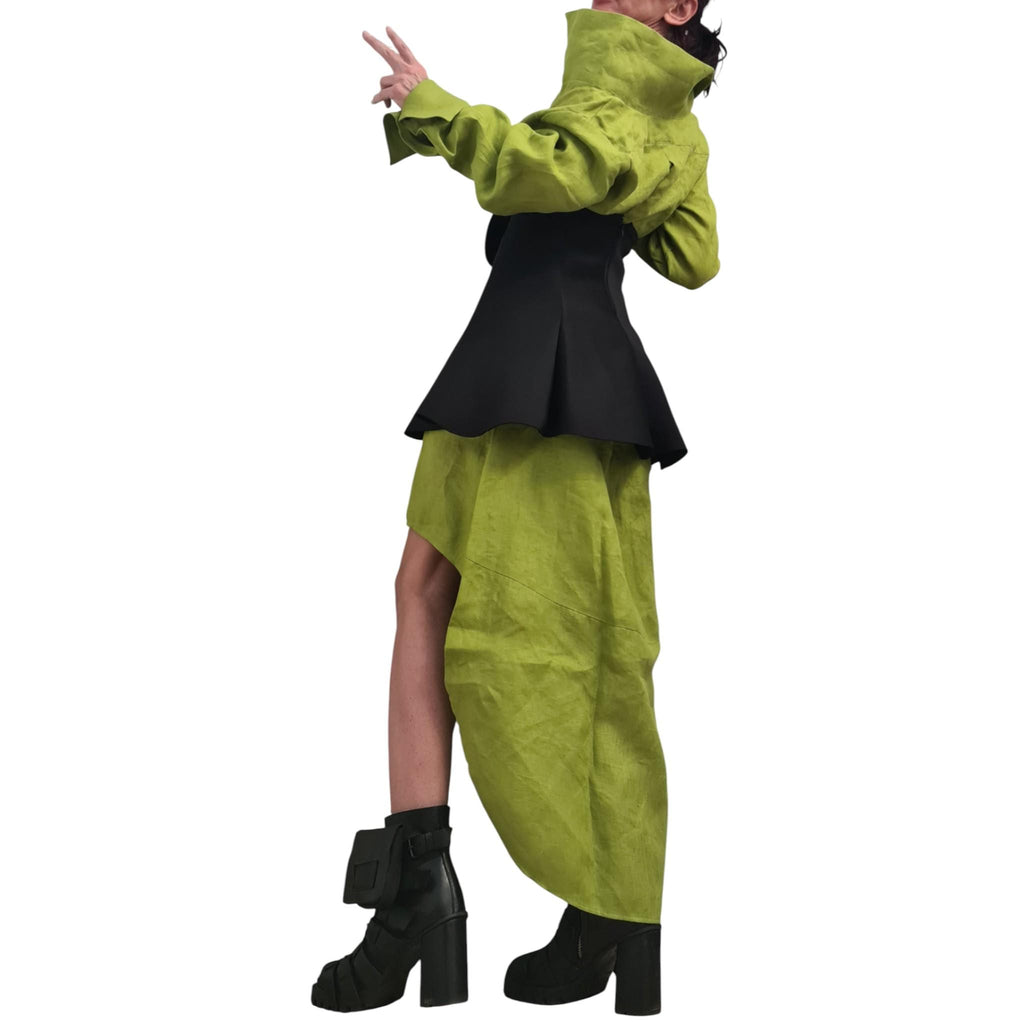 Pistachio Linen Shirt Dress with Neoprene Corset, High Low Hem, Asymmetric Handmade Tunic Dress