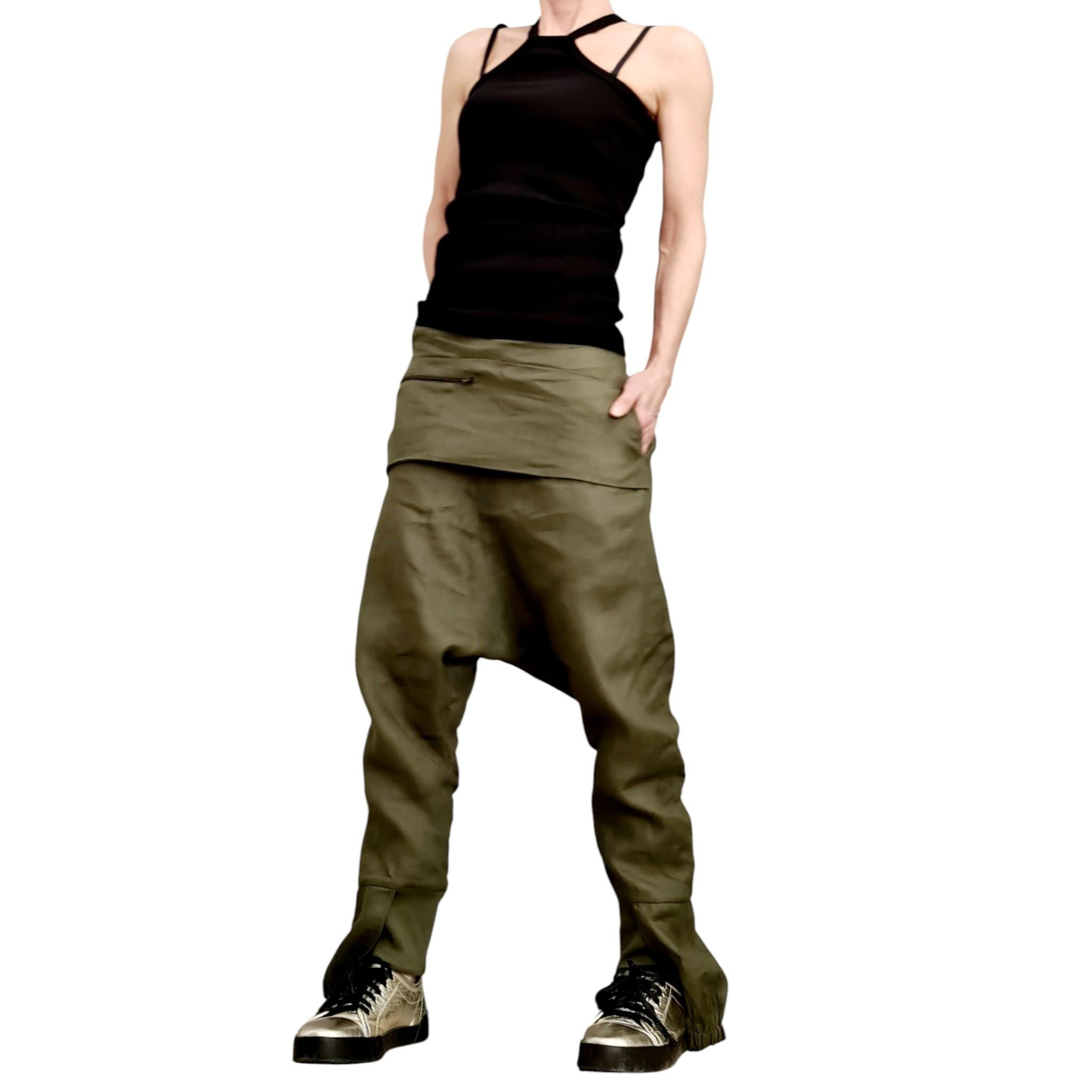 Military Green Linen Pants for Women, Drop Crotch Summer Trousers, Handmade Casual Urban Outfit