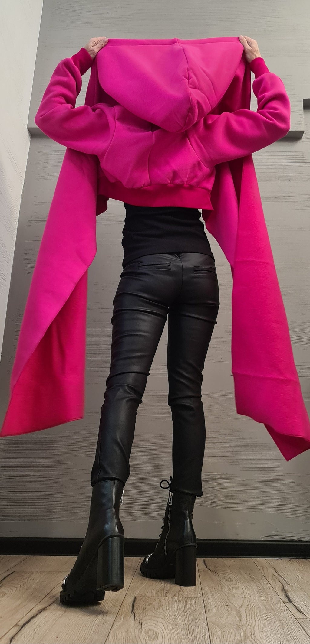 Hot Pink Hooded Asymmetric Sweatshirt, Cropped Wrap Jacket, Long Front Tie Cardigan
