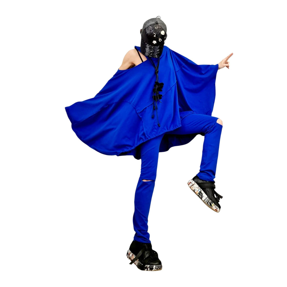 Royal Blue Cotton Leggings, Cutout Knees, Oversized Asymmetrical Draped Batwing Tunic, Two-Piece Co-Ord Set