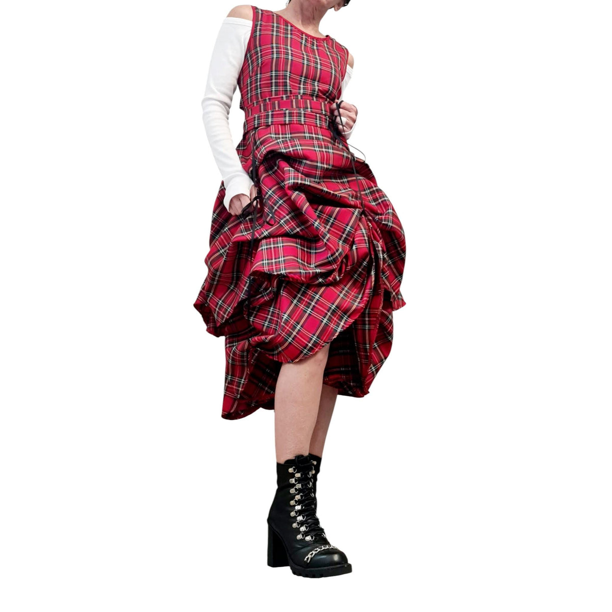 Dark Green Tartan Asymmetric Gown | Sleeveless Knee-Length Dress with Adjustable Skirt
