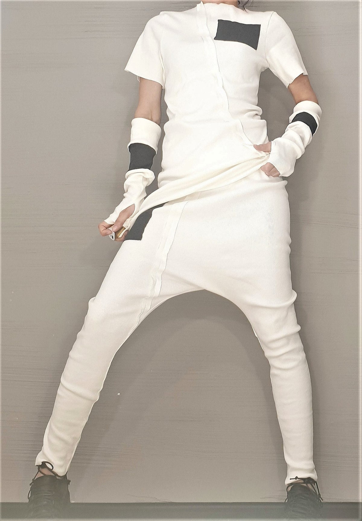 White Cotton Tapered Harem Pants, Asymmetrical Blouse, Detachable Sleeves with Thumb Holes, Co-Ord Set