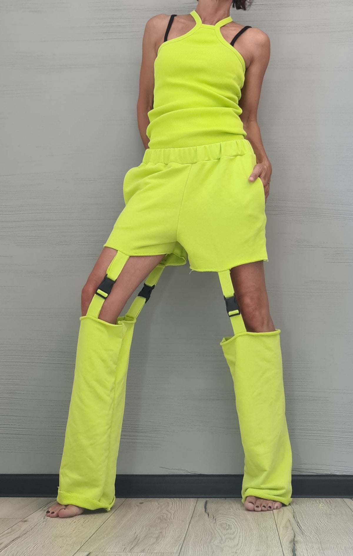 Lime Cotton Shorts, Detachable Pant Legs, Sleeveless Top, Convertible Two Piece Co-Ord Set