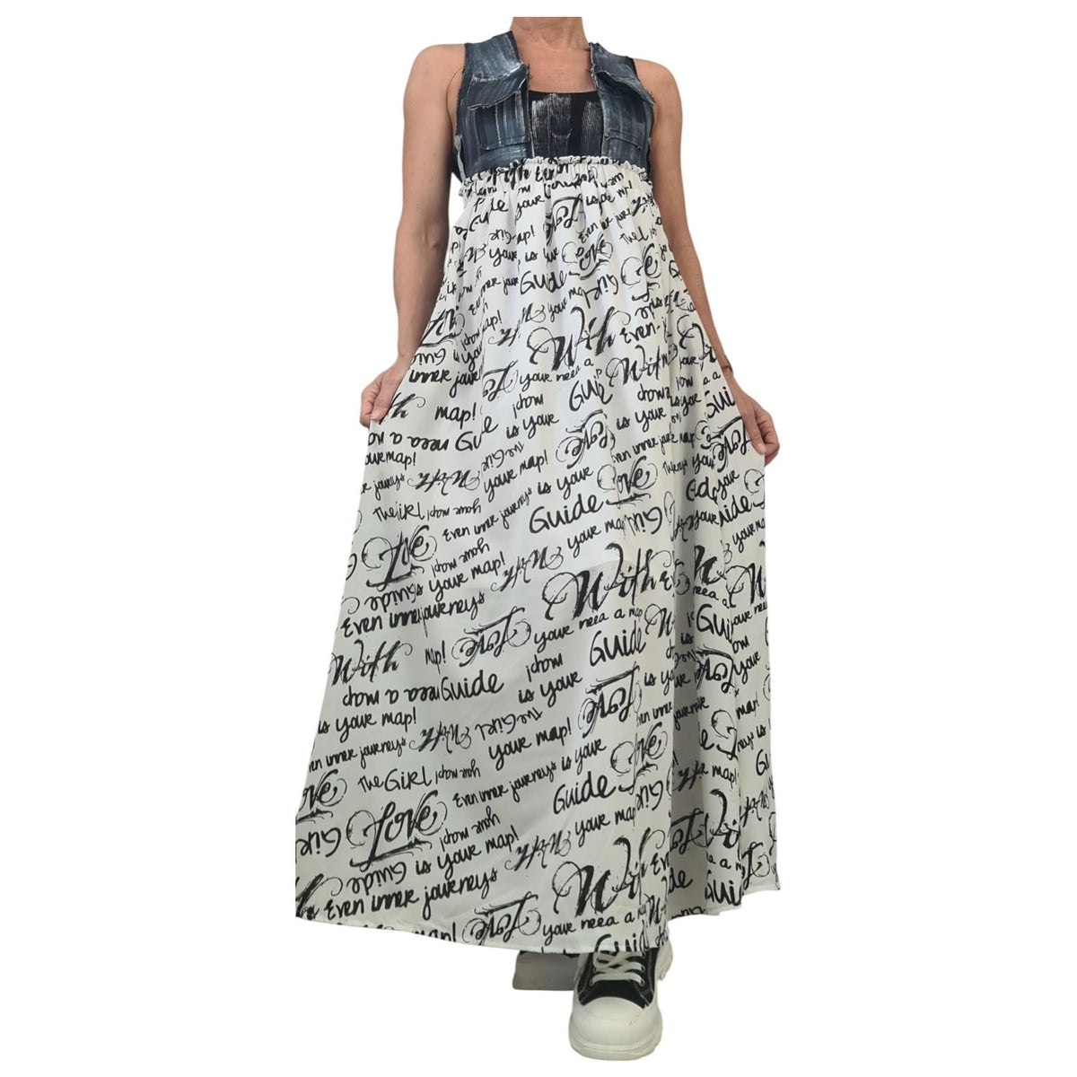 Denim Maxi Dress with Chiffon Skirt, Open Back Dress, Oversized Avant Garde Clothing
