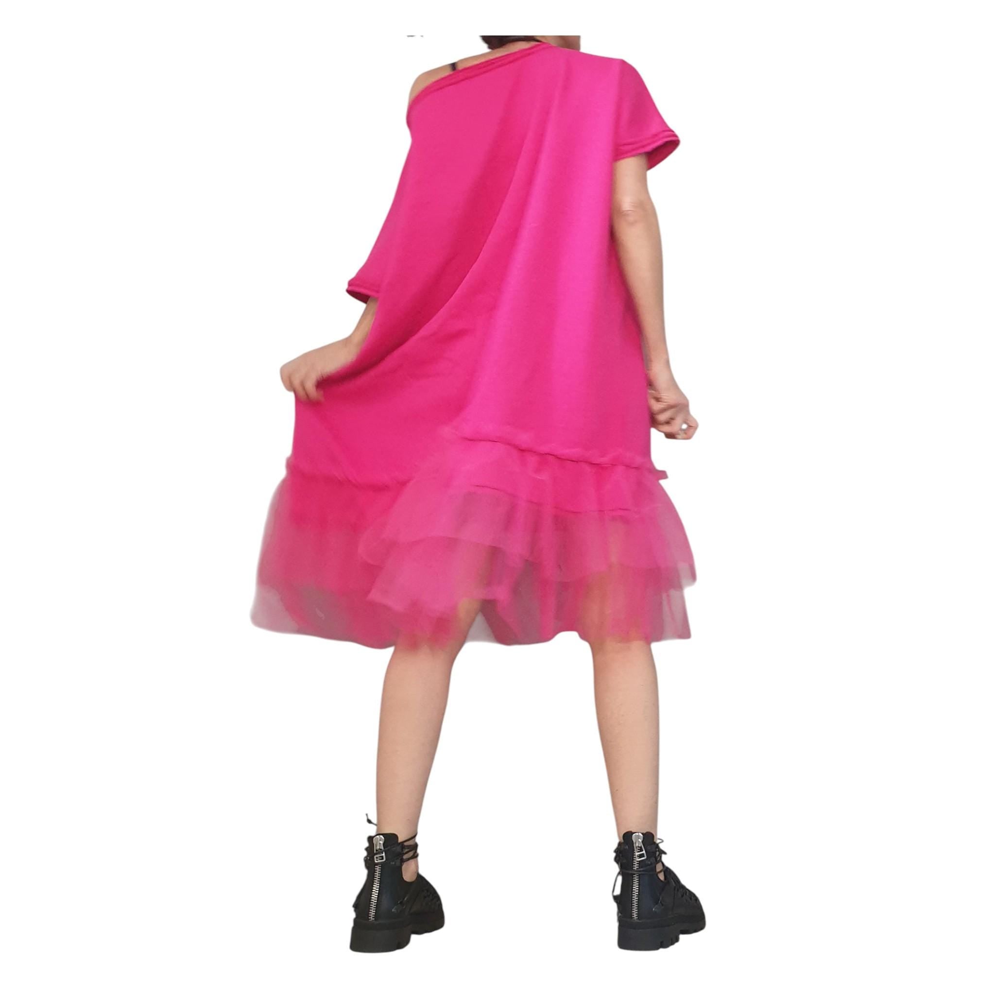 Fuchsia Asymmetrical Tulle Tunic, Cotton Avant Garde Dress, Loose Fit Plus Size Women
