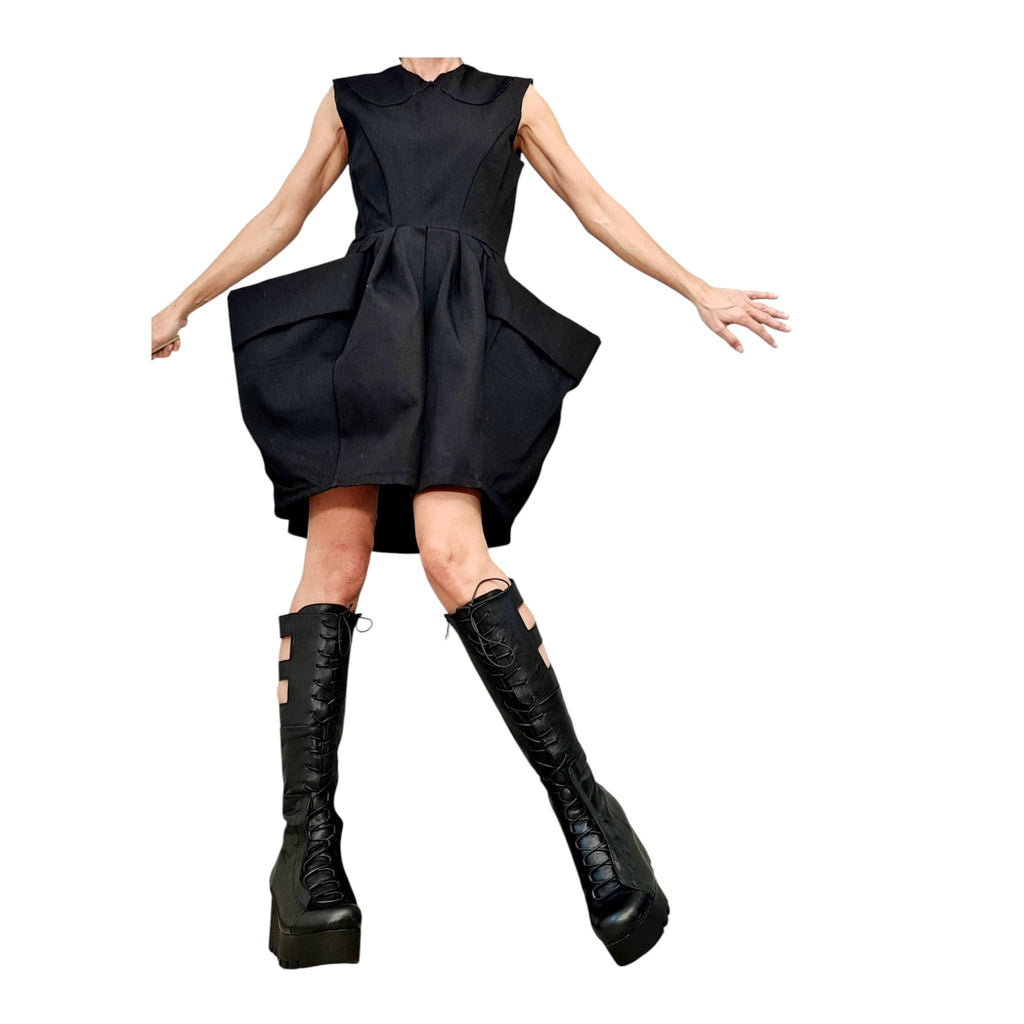 Asymmetric Black Cothic Dress, Extravagant Pockets, Plus Size Clothing