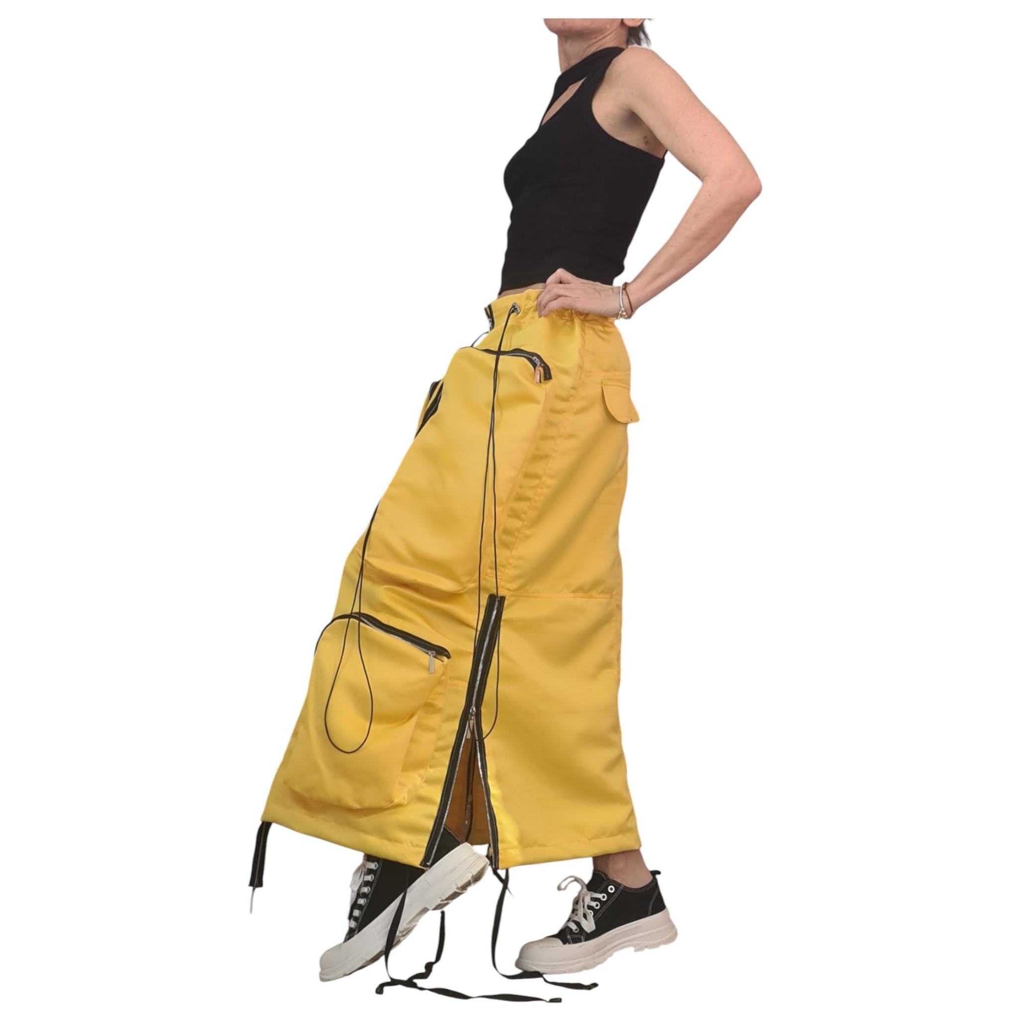 Yellow Cotton Satin Maxi Skirt With Cargo Pockets, Long Avant Garde Oversized Skirt