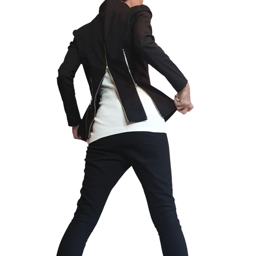 Black Fitted Zip Blazer, Structured Shoulders, Shaped Waist, Back Zip Panels, Plus Size