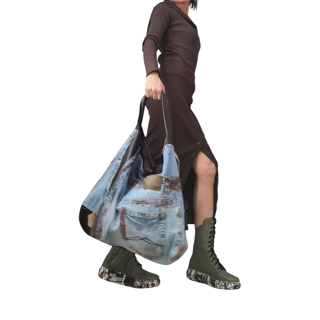 Avant Garde Large Denim Bag, Asymmetrical Patchwork Tote, Handmade Painted Shoulder Bag Women