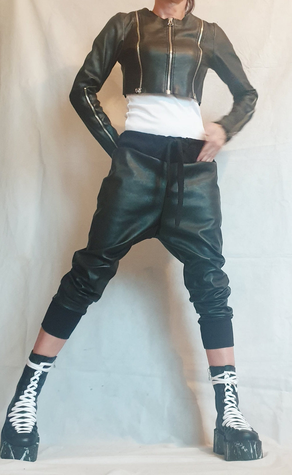 Black Faux Leather Cropped Jacket, Fitted Long Sleeve Bolero, Multiple Zipper Details