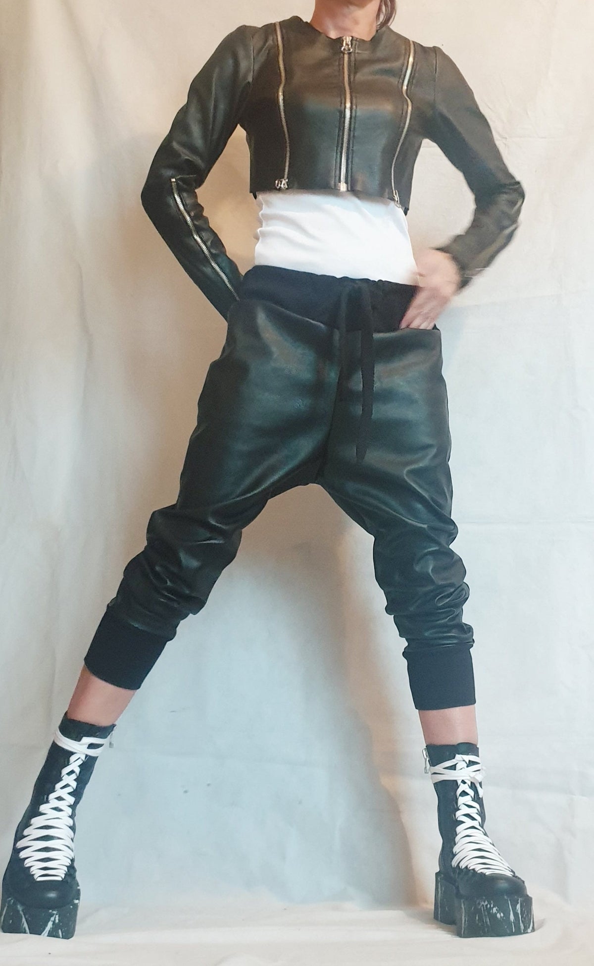 Black Faux Leather Cropped Jacket, Fitted Long Sleeve Bolero, Multiple Zipper Details