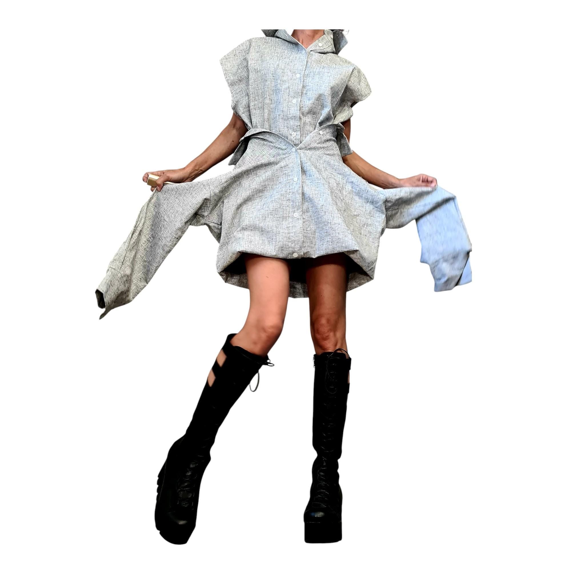 Grey Linen Transformable Shirt with Corset, Asymmetric Oversize Shirt