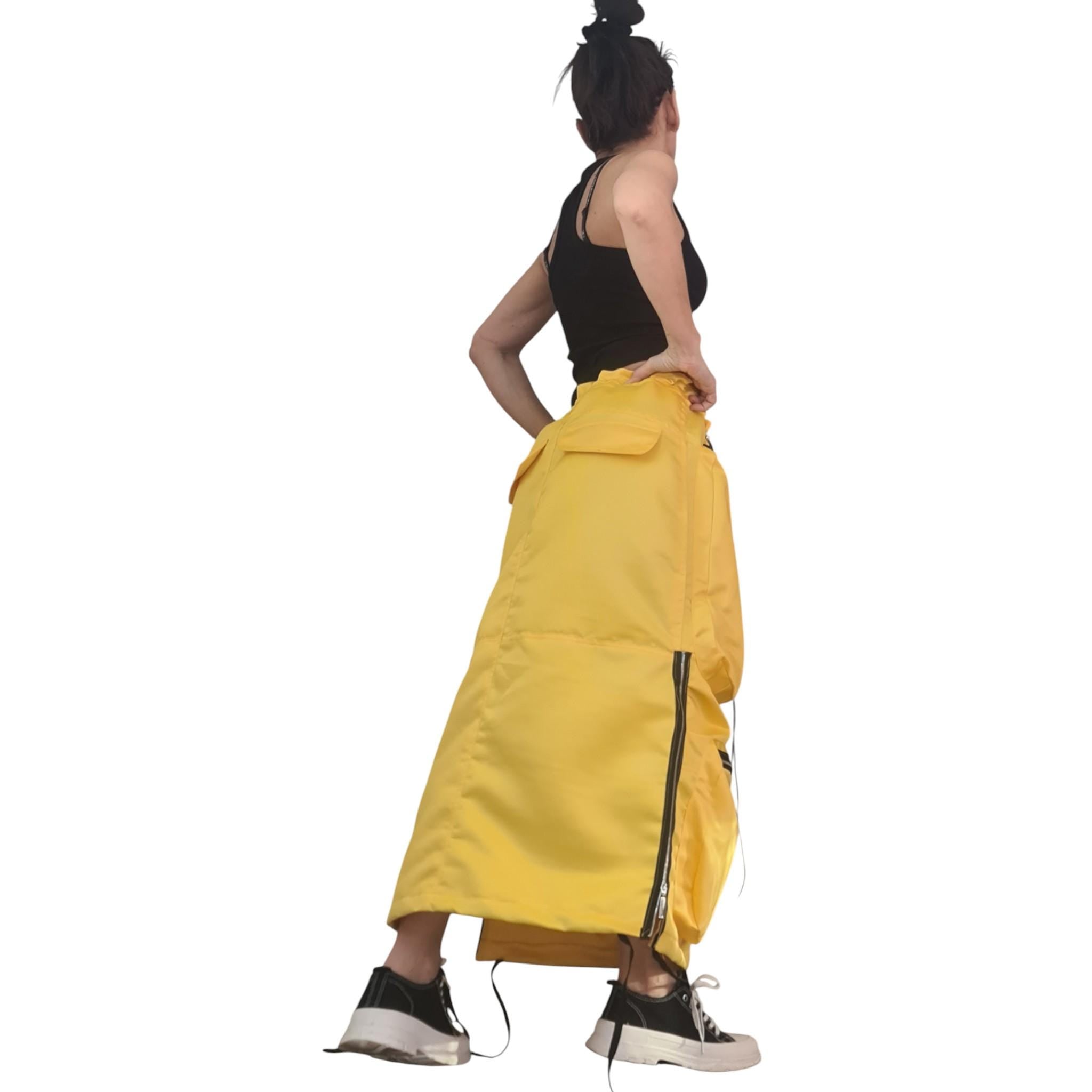 Yellow Cotton Satin Maxi Skirt With Cargo Pockets, Long Avant Garde Oversized Skirt