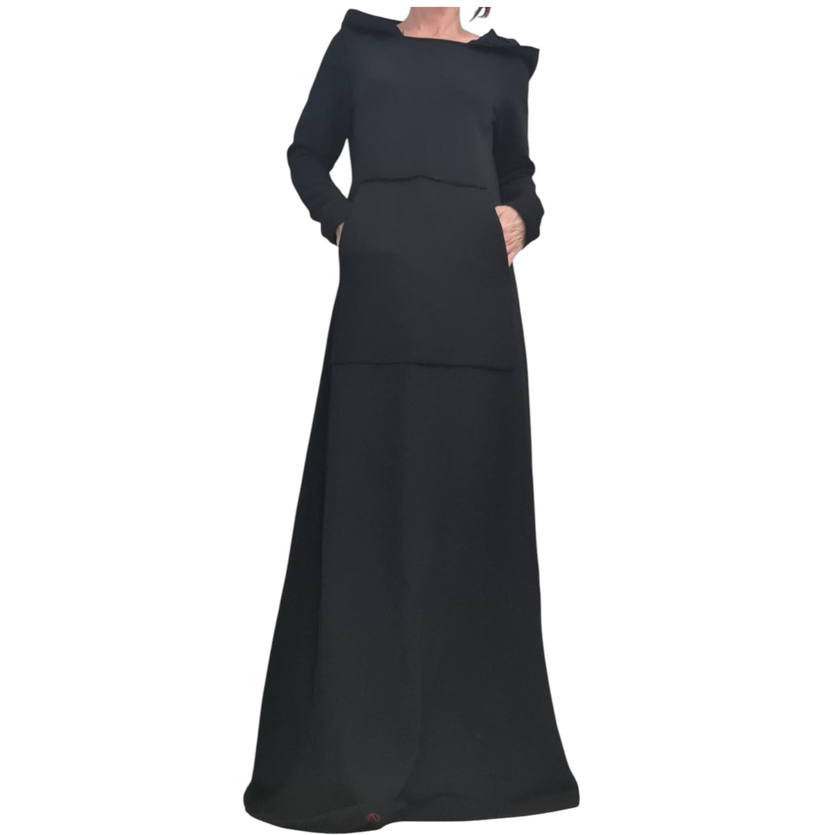 Plus Size Hooded Cotton Dress, Black, Long Sleeve (XS-5XL)