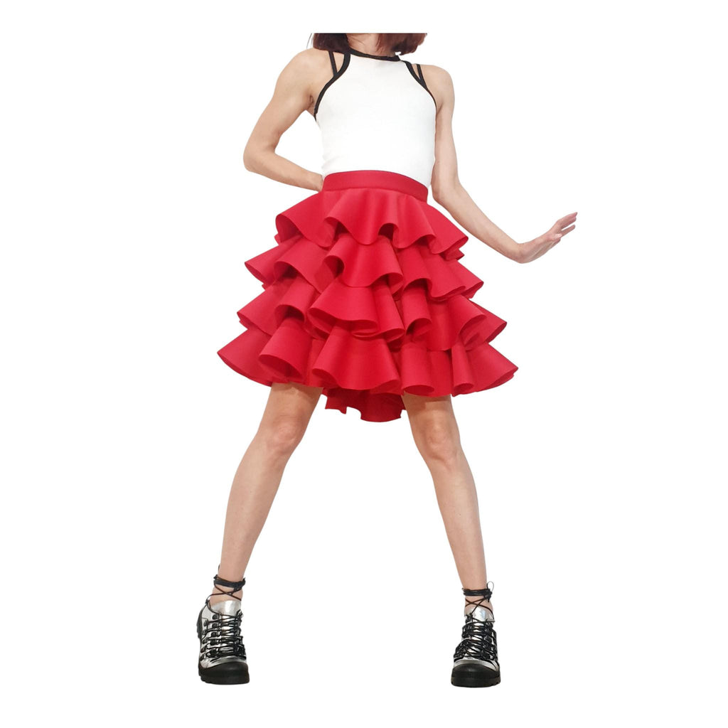 Red Neoprene Circle Skirt, Asymmetric Ruffle Ball