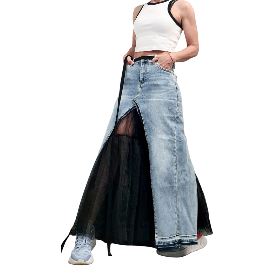 Extravagant Asymmetric Denim Tulle Skirt, Deconstructed Avant Garde Maxi Skirt