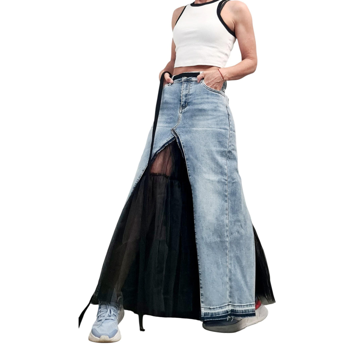 Extravagant Asymmetric Denim Tulle Skirt, Deconstructed Avant Garde Maxi Skirt
