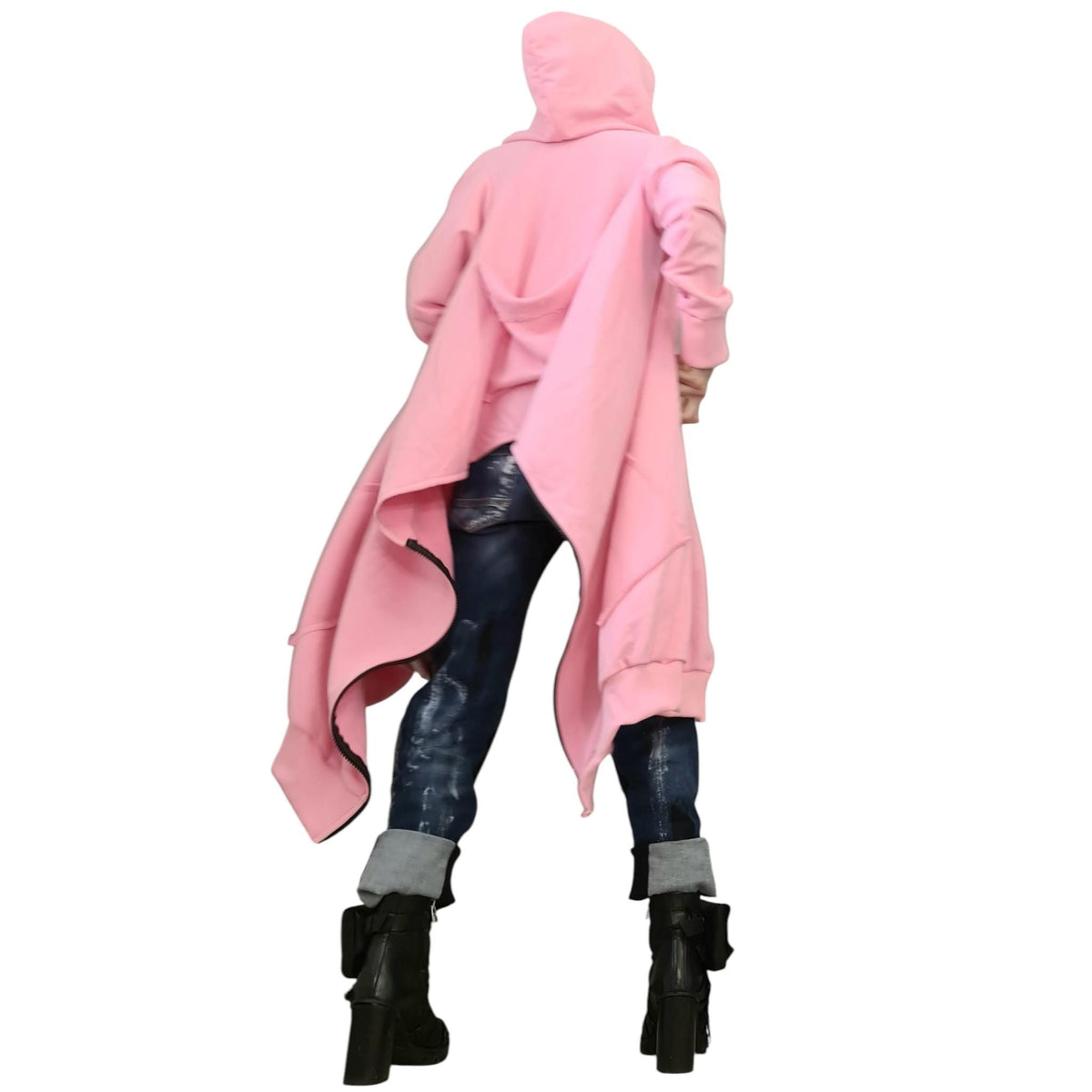 Pink Asymmetrical Hooded Sweatshirt, Cropped Back Cotton Jacket, Long Side Panels