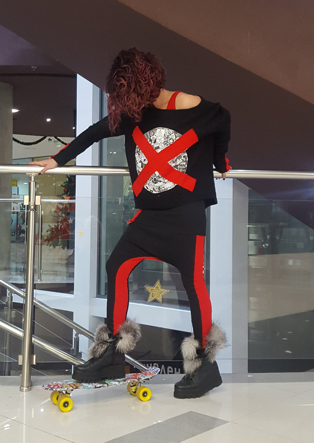 Black Red Cotton Co-Ord Set, Loose Blouse, Drop Crotch Harem Pants, Tapered Leg