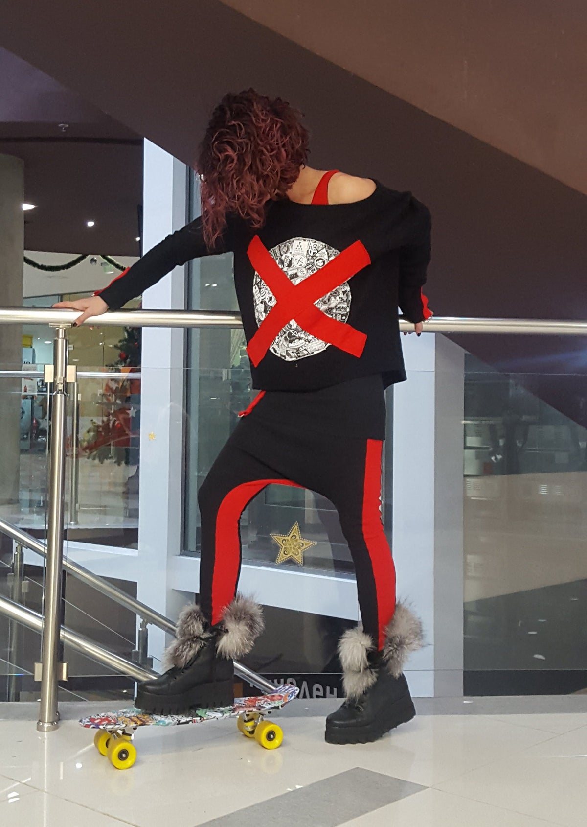 Black Red Cotton Co-Ord Set, Loose Blouse, Drop Crotch Harem Pants, Tapered Leg