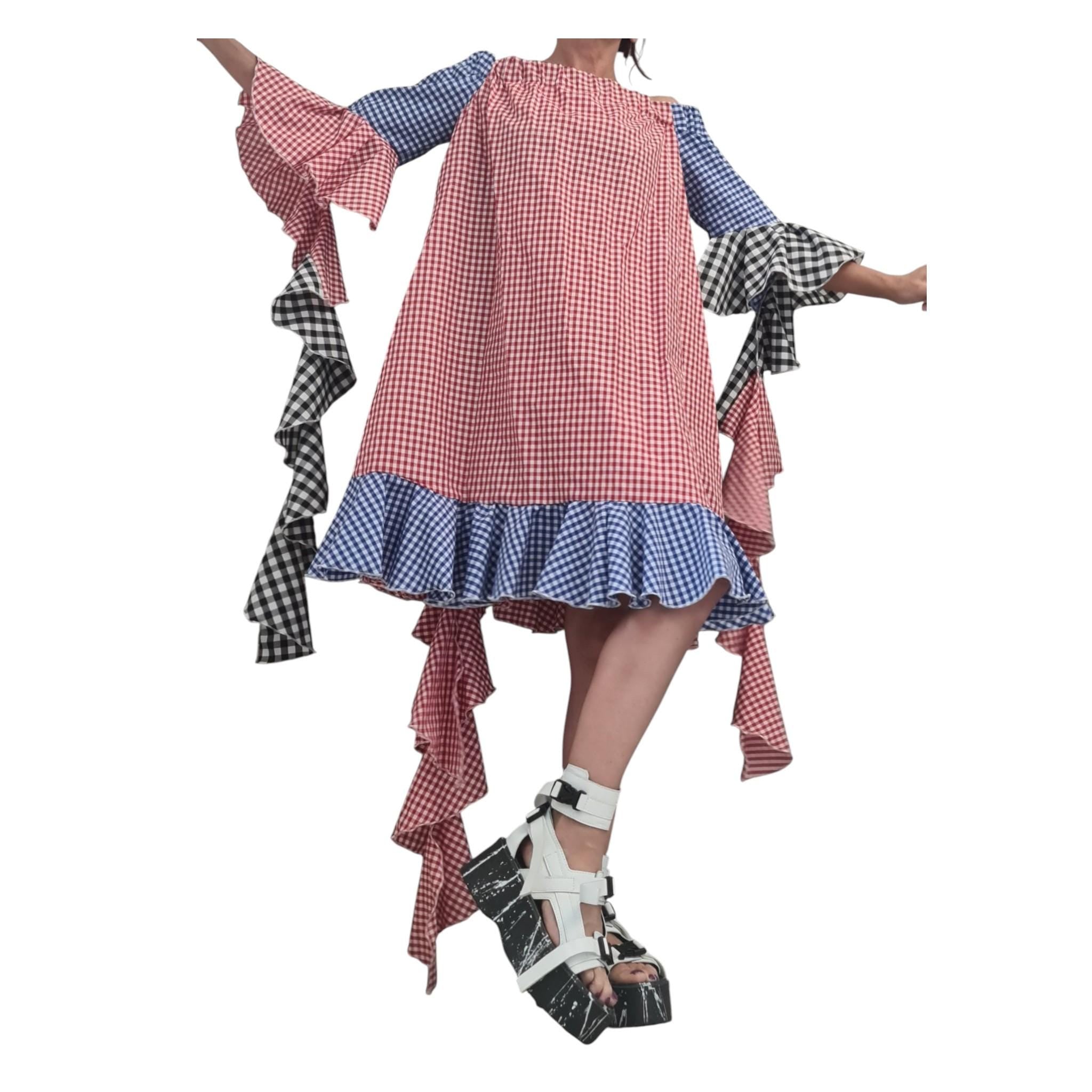 Extravagant Plaid Asymmetric Knee-Length Dress, Plus Size Cotton Dress