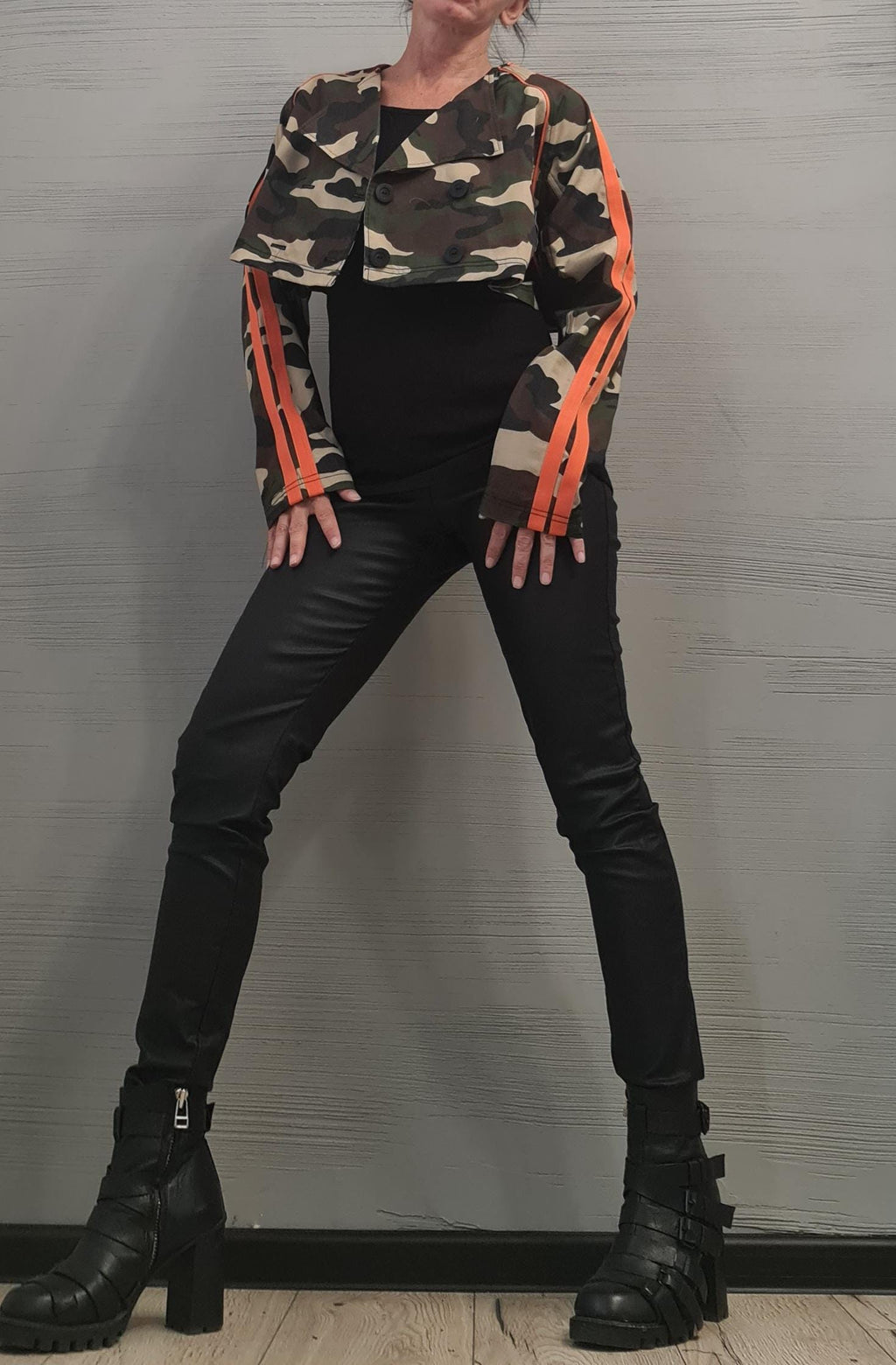 Camouflage Two-Piece Set, Cropped Hooded Jacket, Belted Maxi Vest, Orange Stripes