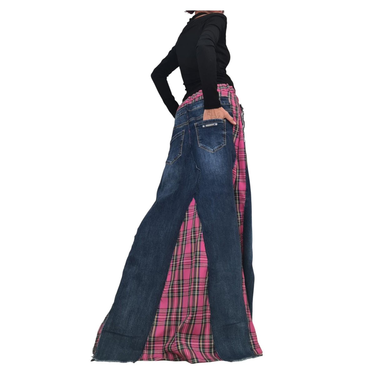 Deconstructed Denim Pink Plaid Maxi Skirt, Avant Garde Cotton Skirt