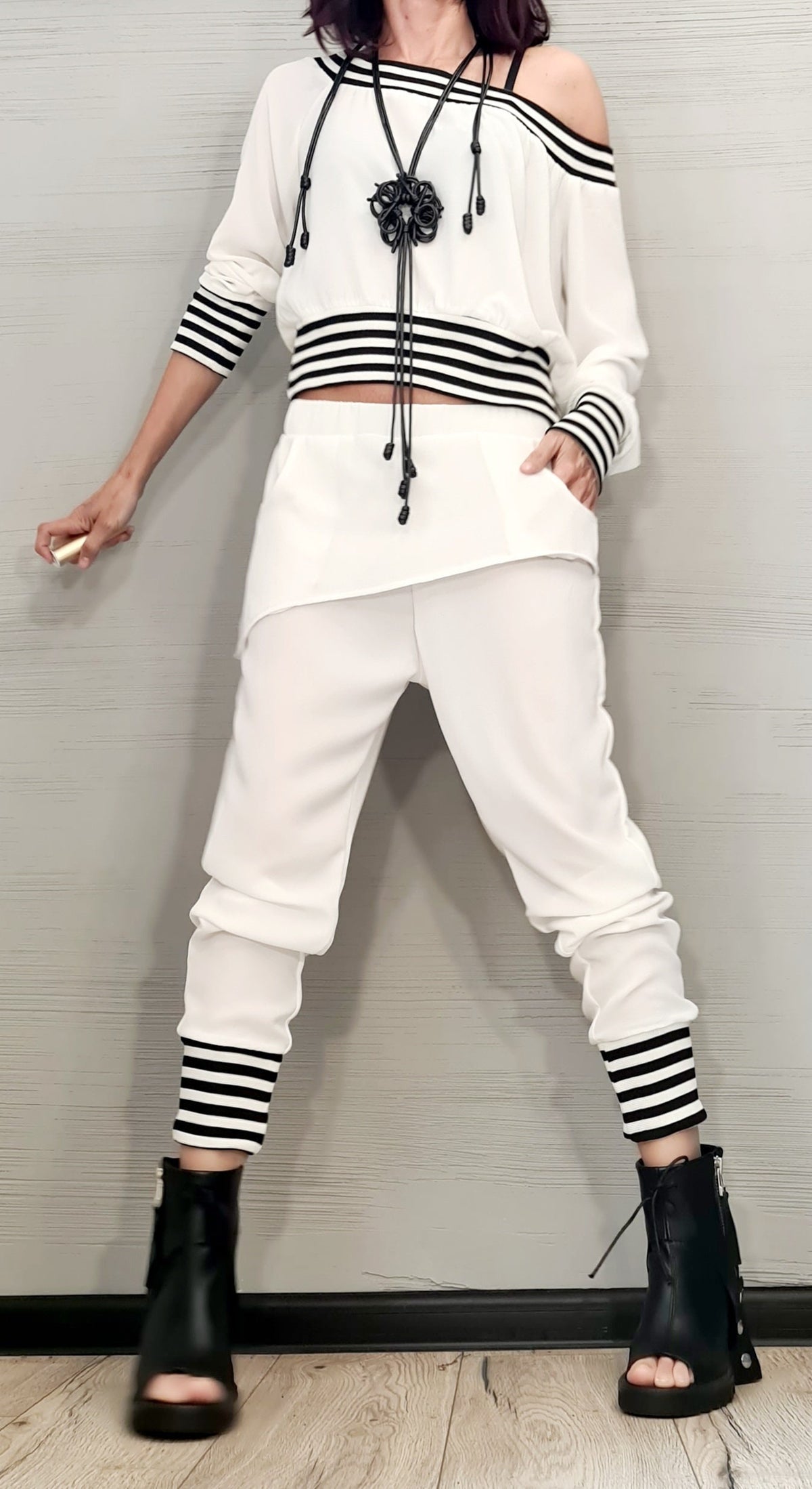 White Drop Crotch Harem Pants, Asymmetrical Off-Shoulder Cropped Blouse, Striped Trim, Two-Piece Co-Ord Set