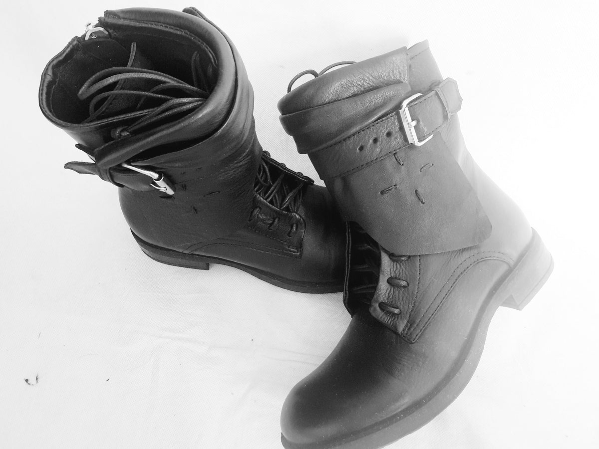 Black Leather Boots, Grunge Gothic Ankle Booties, Steampunk Women Footwear