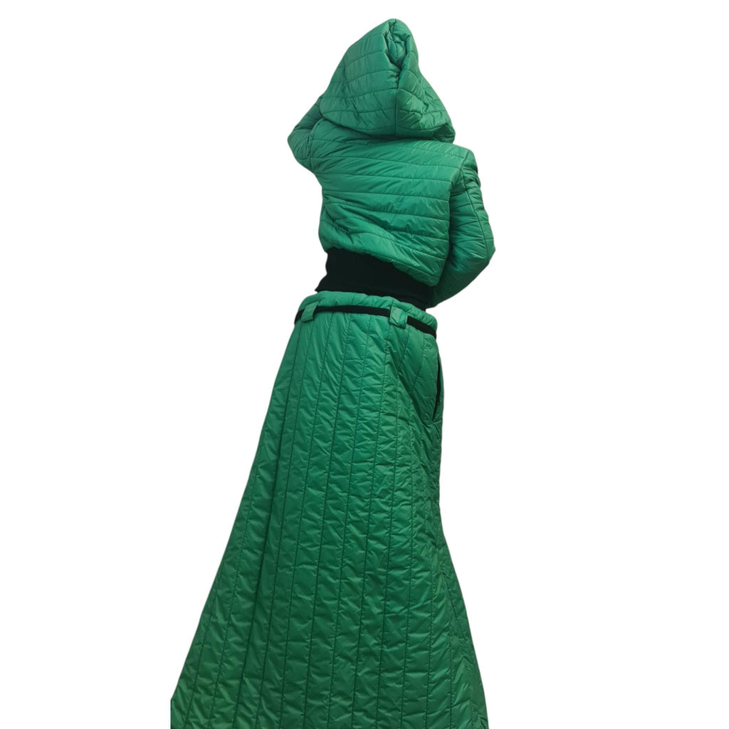Green Quilted High-Waist Maxi Skirt, Cropped Hooded Puffer Jacket, Side Slit, Two-Piece Co-Ord Set