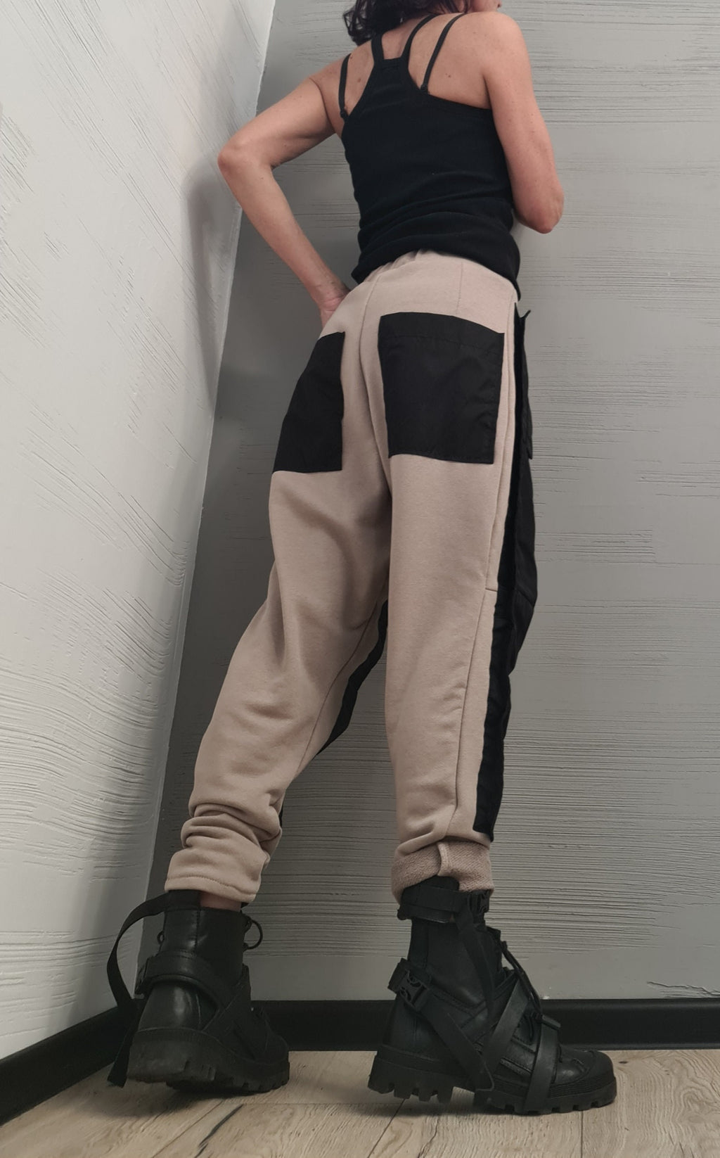 Black White Cotton Drop Crotch Pants, Asymmetrical Zip Hoodie, Contrast Panels, Two-Piece Co-Ord Set