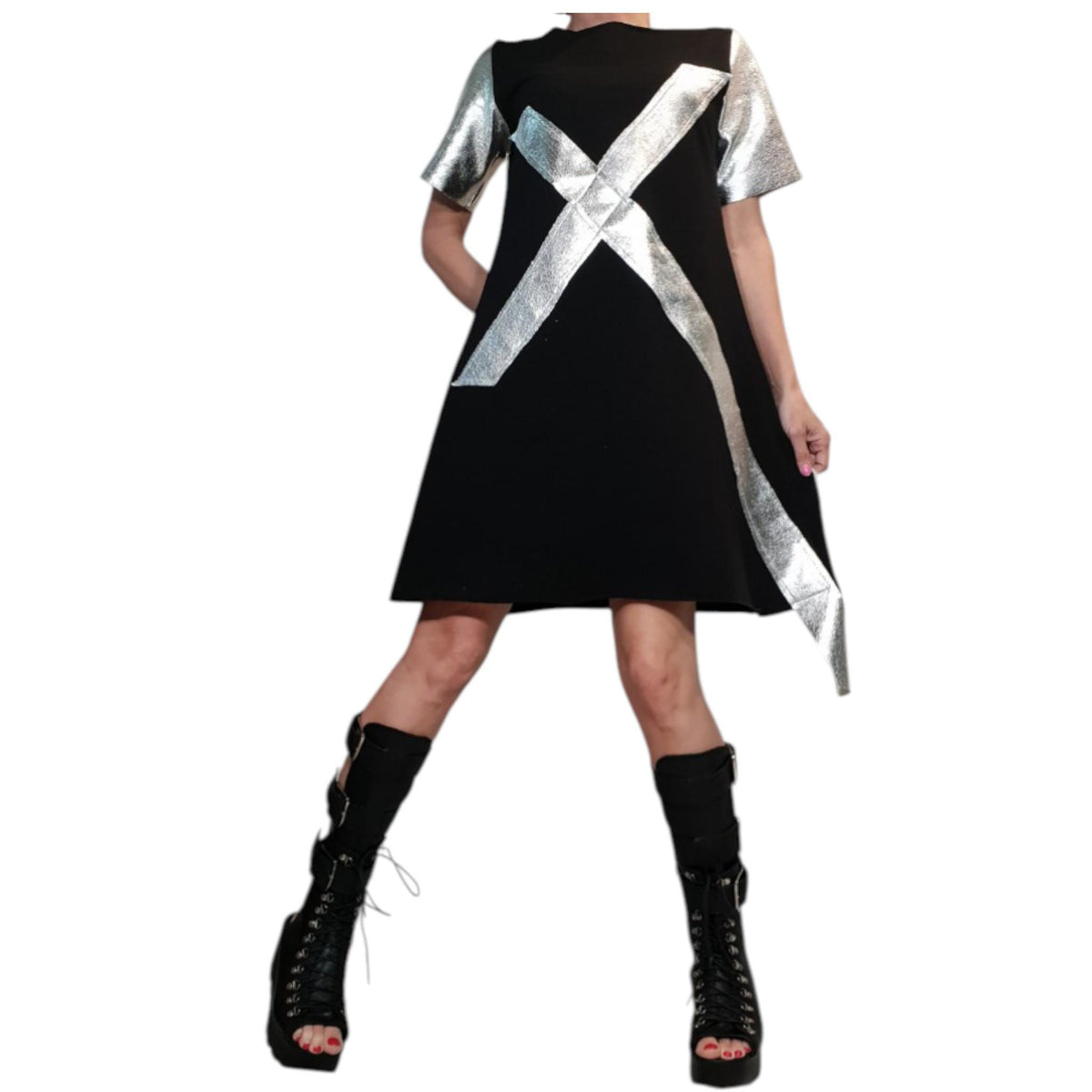White Silver Cotton Tunic, Dress Silver Elements A Line Short Sleeve Women