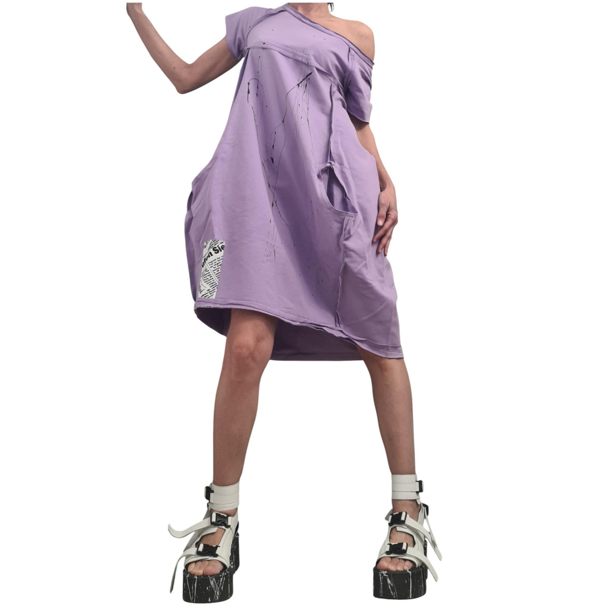 Lavender French Terry Off Shoulder Asymmetric Dress, Plus Size Clothing