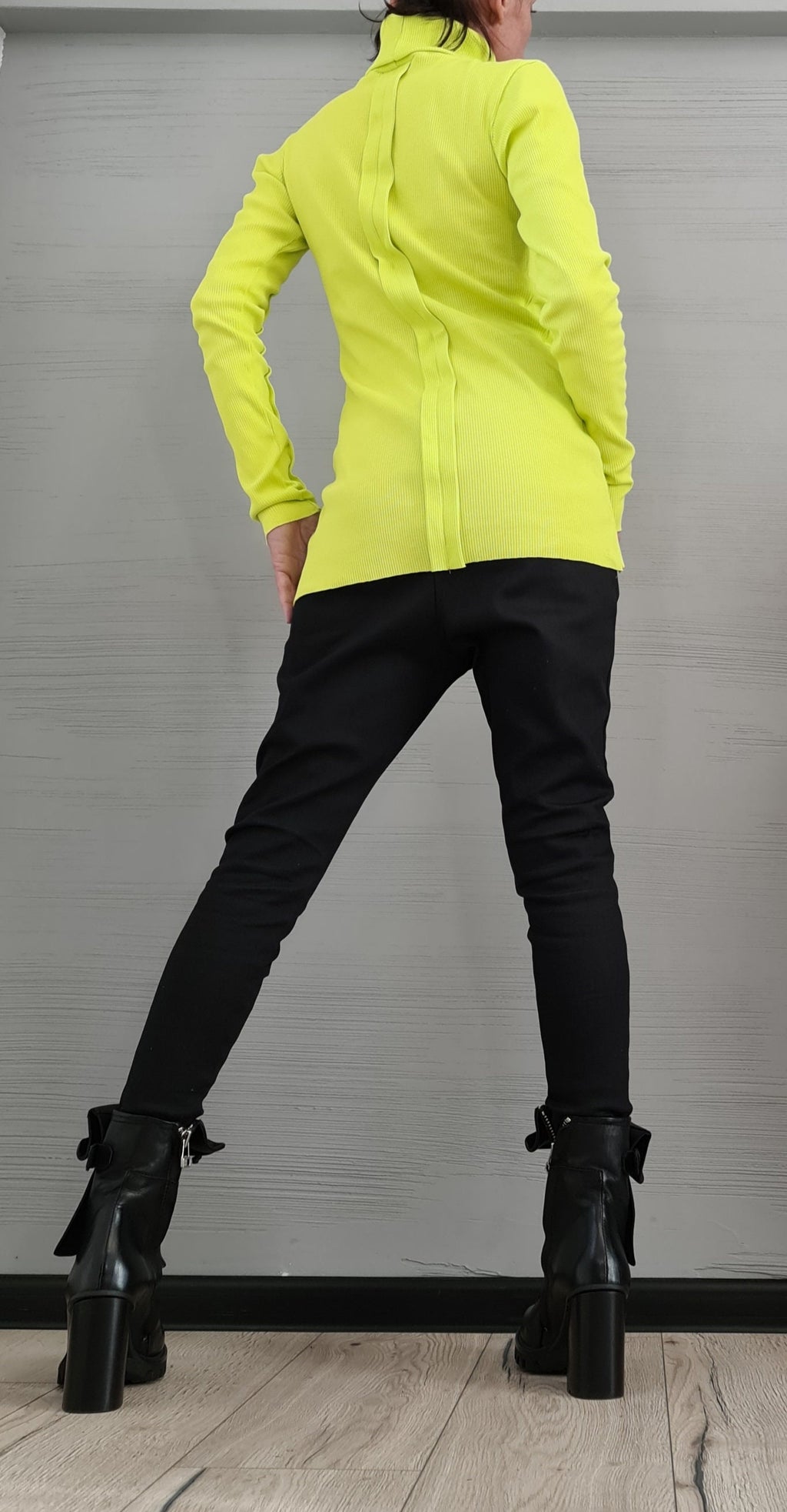 Lime Cotton Turtle Neck Fitted Top, Extravagant Avant Garde Blouse