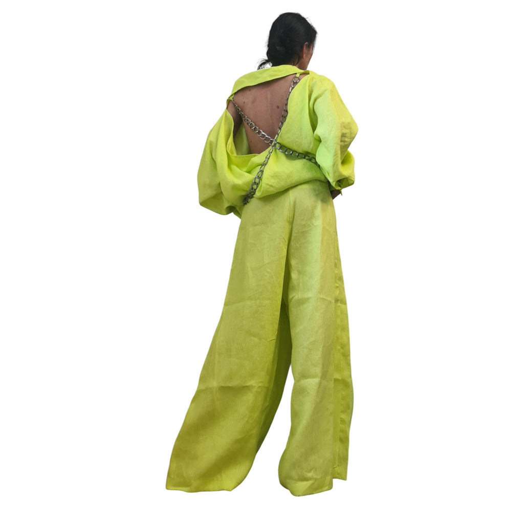 Lime Linen Drop Crotch Pants Womens Avant Garde Harem Trousers Designer Clothing