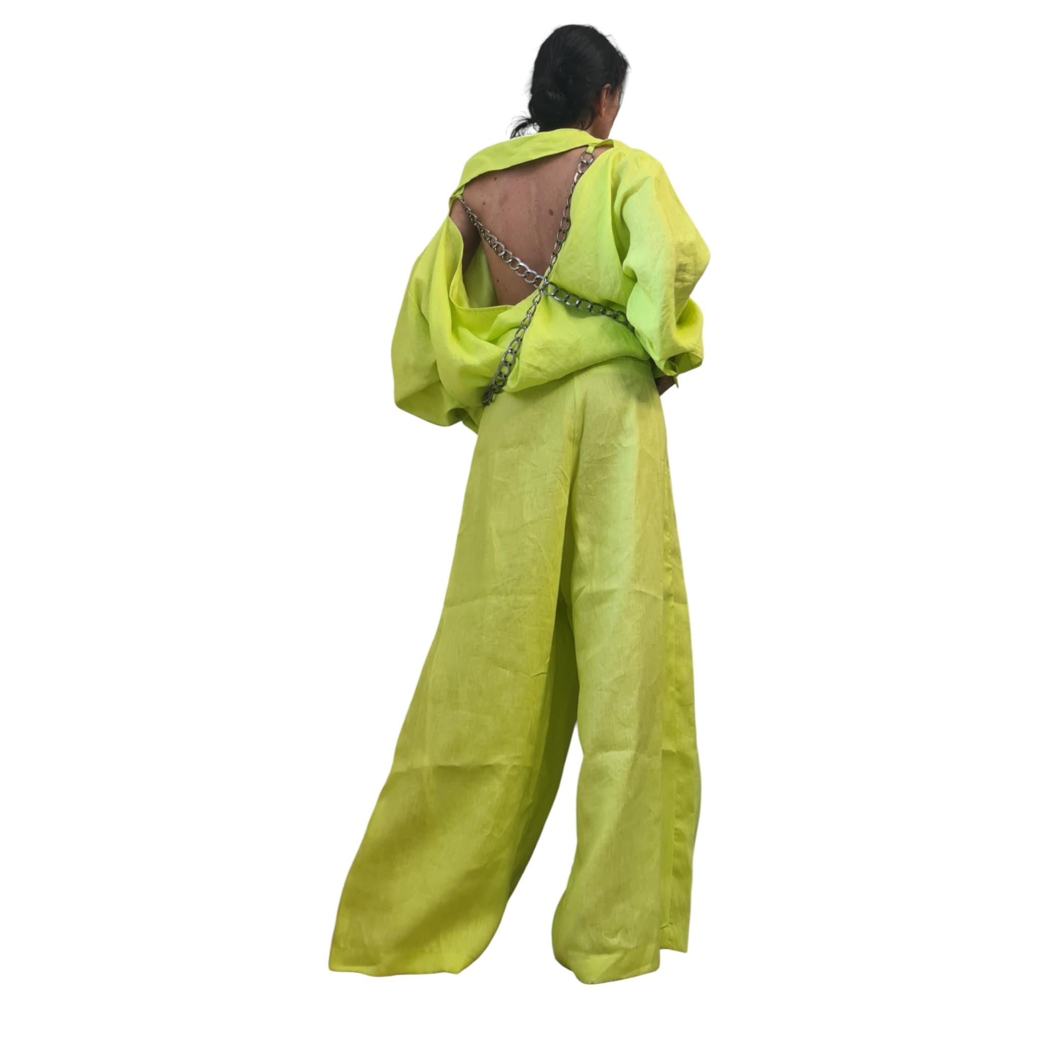 Lime Linen Drop Crotch Pants Womens Avant Garde Harem Trousers Designer Clothing