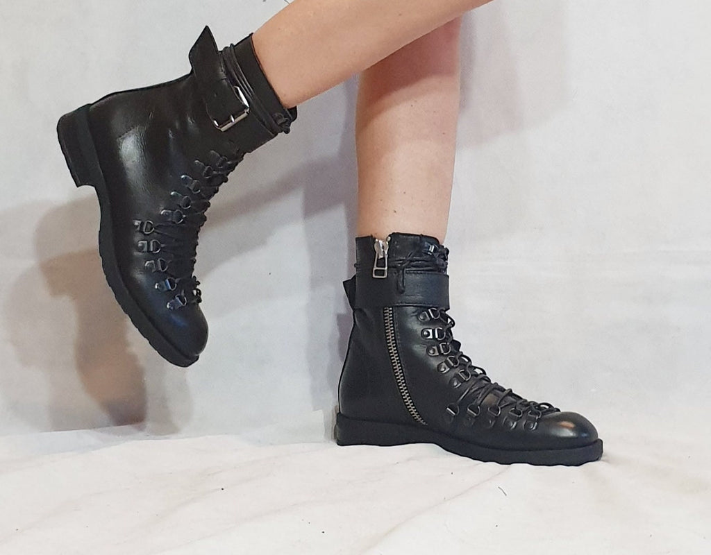 Black Leather Booties, Gothic Steampunk Ankle Boots, Winter Women Shoes