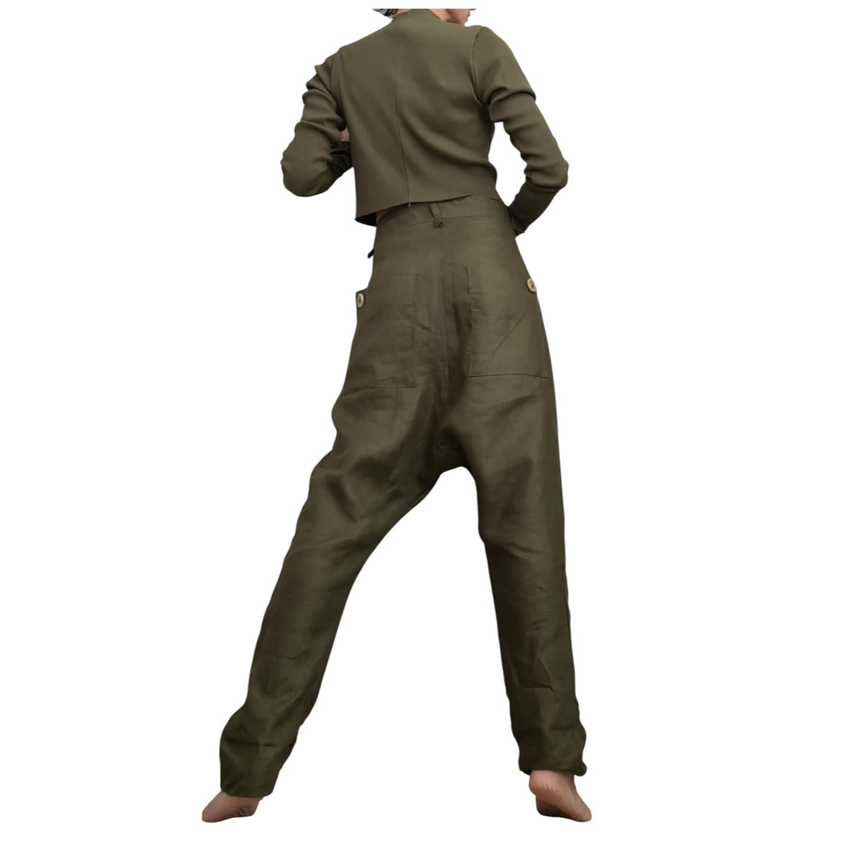 Military Green Linen Harem Pants for Women, Summer Designer Trousers, Handmade Clothing