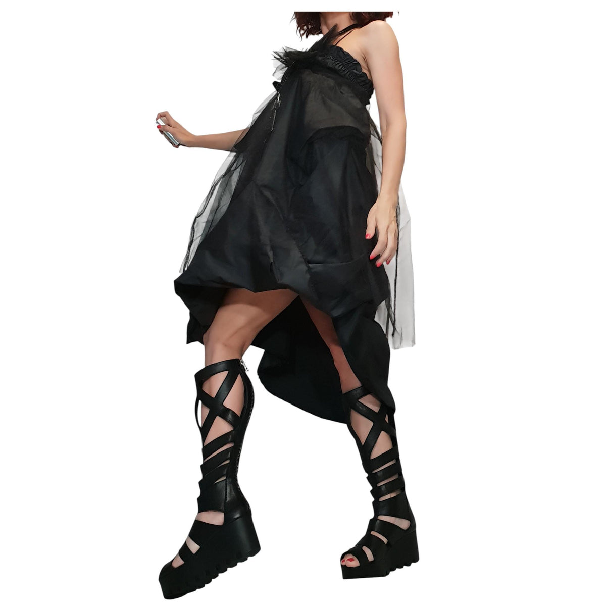 Asymmetric Tulle Ball Skirt, Gothic Wedding Dress, Black Taffeta Circle Skirt