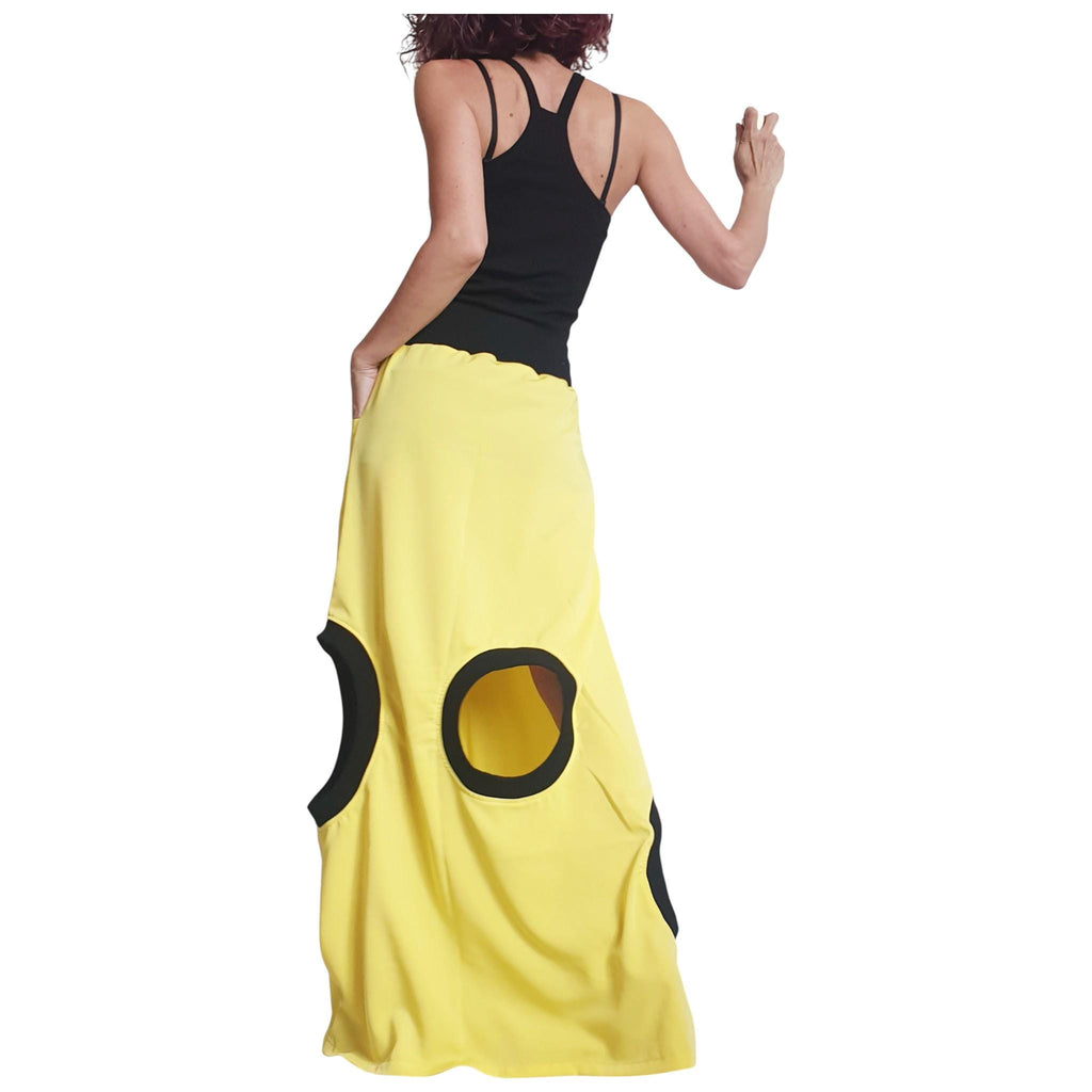 Avant Garde Yellow Skirt, Loose Maxi Asymmetric Oversize Women Clothing, Convertible Outfit