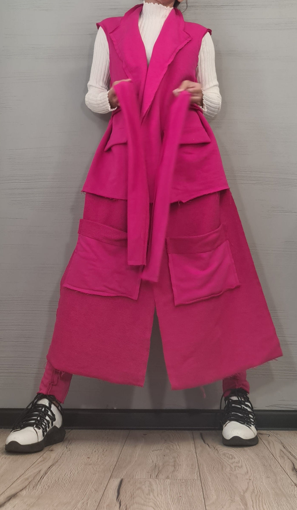 Fuchsia Cotton Co-Ord Set, Harem Pants, Asymmetrical Long Vest, Plus Size Outfit