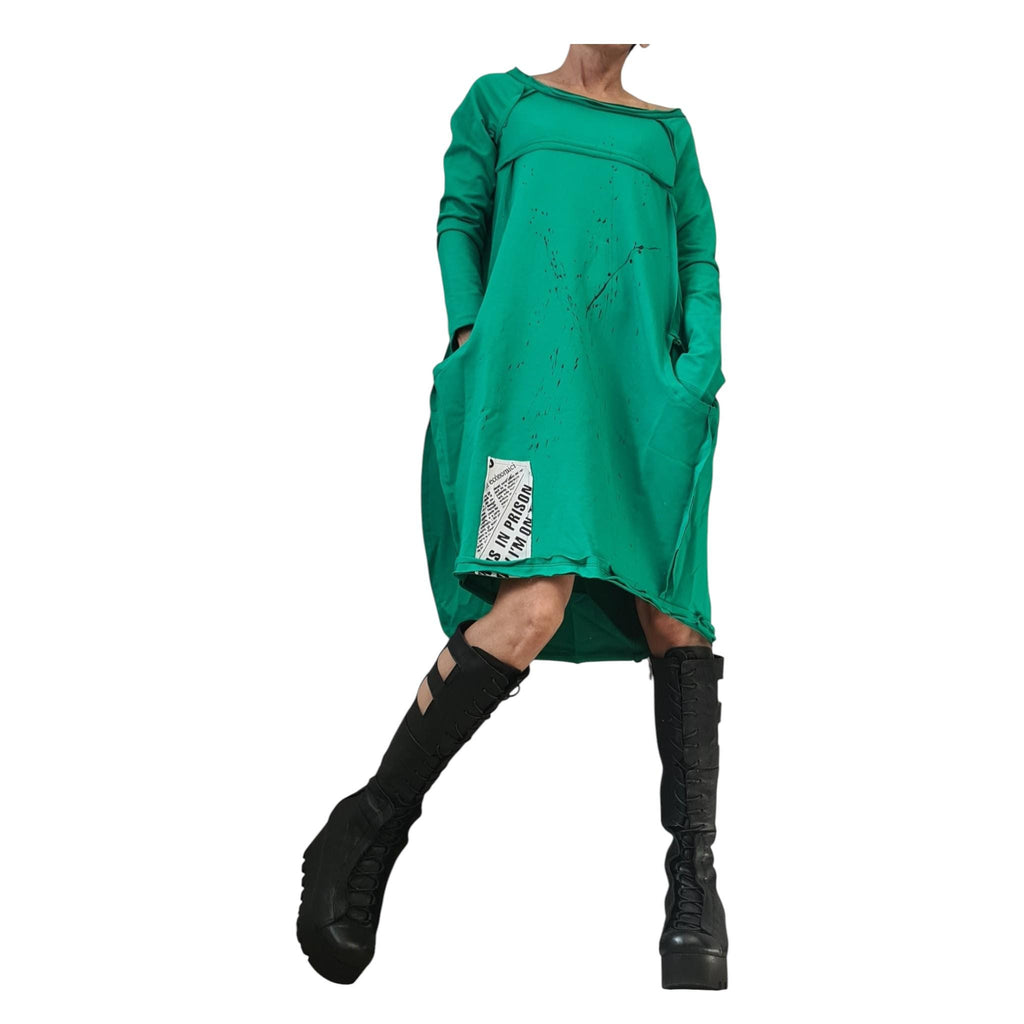 Green French Terry One Shoulder Tunic, Asymmetric Oversized Sweatshirt Dress, Long Sleeve