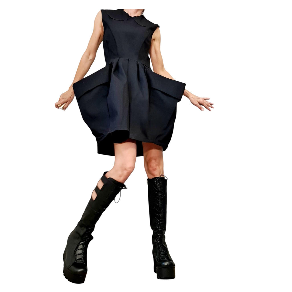 Asymmetric Black Cothic Dress, Extravagant Pockets, Plus Size Clothing