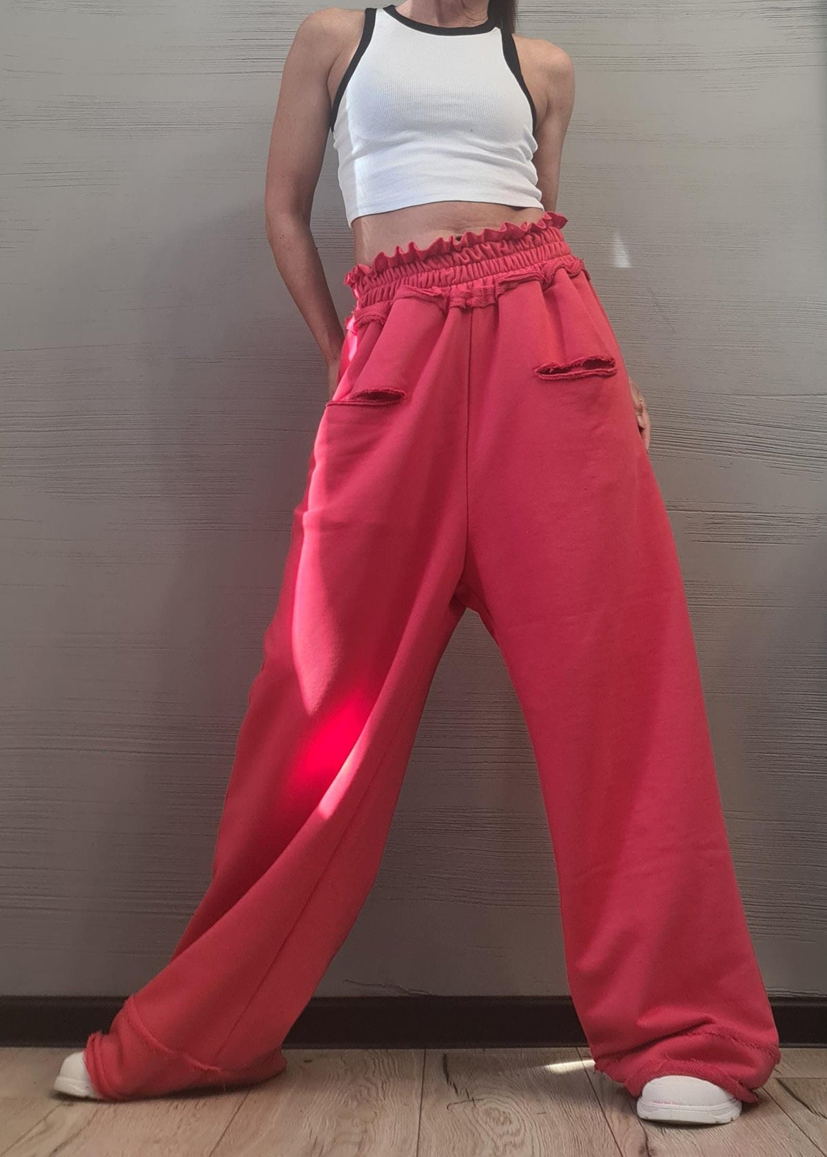 French Terry Wide Leg Pants, Elastic Waist, Asymmetric Back Pockets