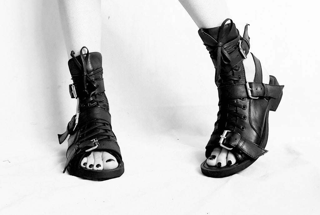 Gothic Gladiator Sandals, Black Leather Greek Style Shoes, Open Toe Summer Footwear