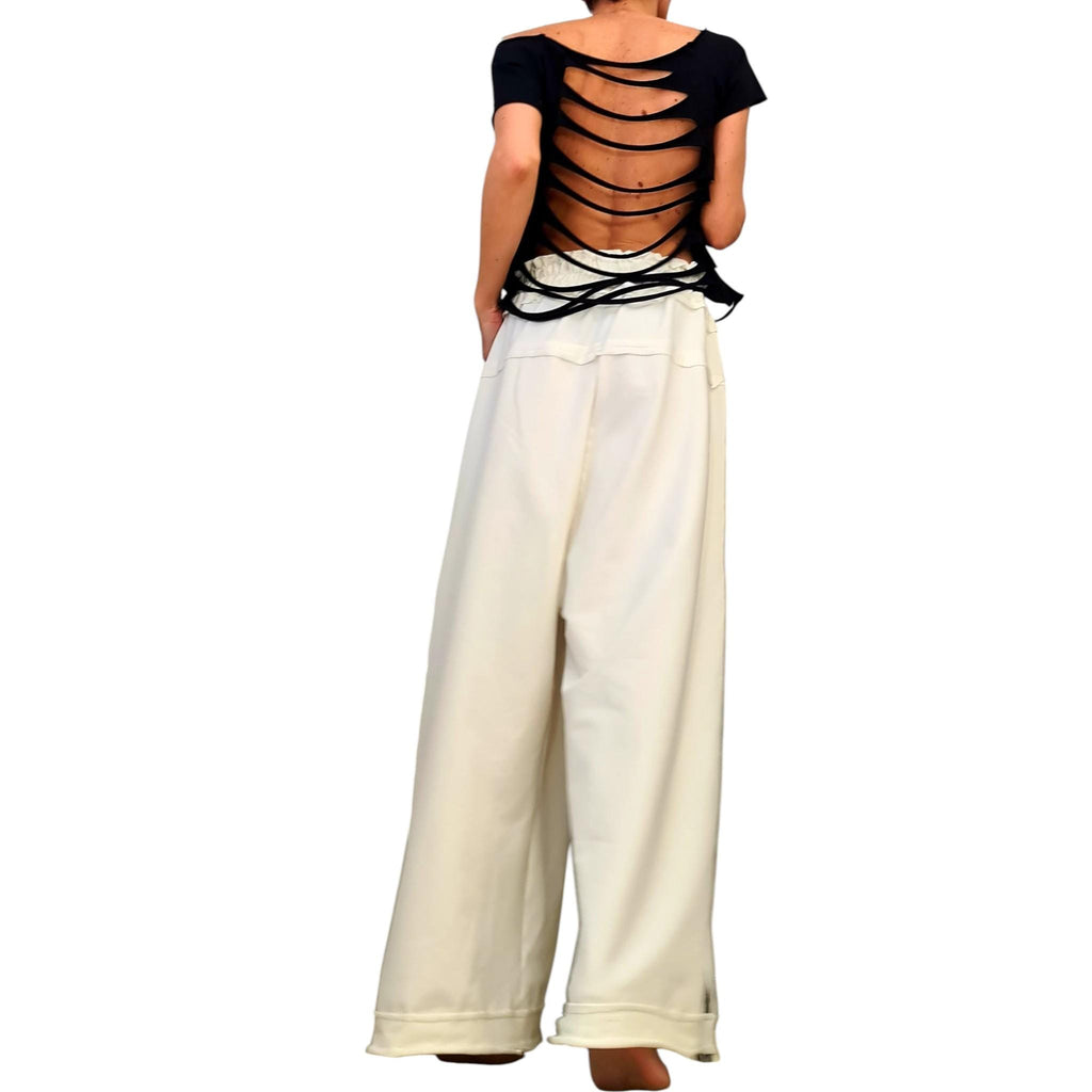Ivory French Terry Wide Leg Pants, Relaxed Cotton Trousers, Elastic Waist