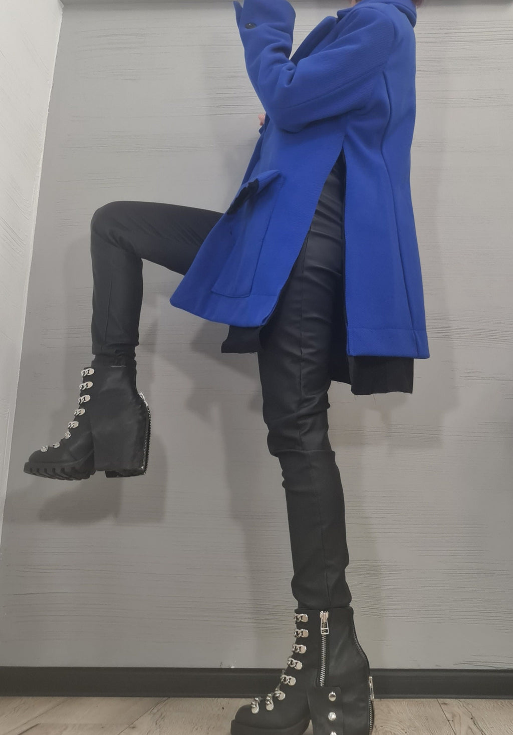 Royal Blue Asymmetrical Winter Coat, Oversized Lapels and Patch Pockets, Plus Size Flared Jacket
