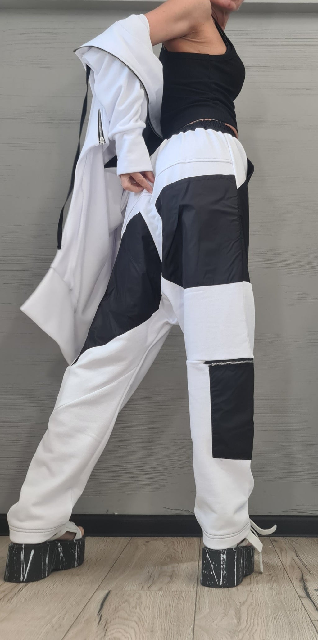 White Black Patchwork Harem Pants, Oversized Long Hooded Jacket, Contrast Panels, Two-Piece Co-Ord Set