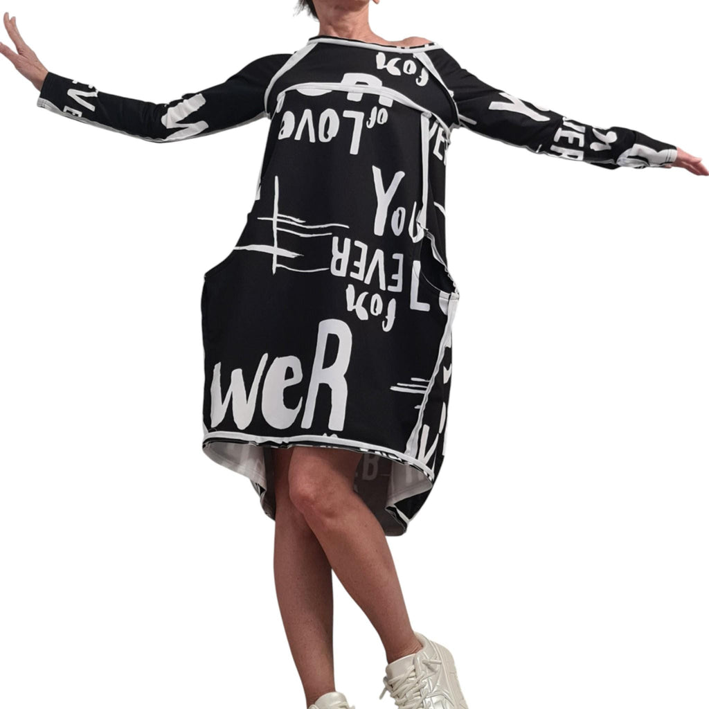 Asymmetric Graphic Dress, Long Sleeves, Knee Length Balloon Shape, Black White, Fashion for Women
